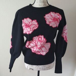 Andrew Marc Pink and Black Crew Neck Sweater with Floral Design